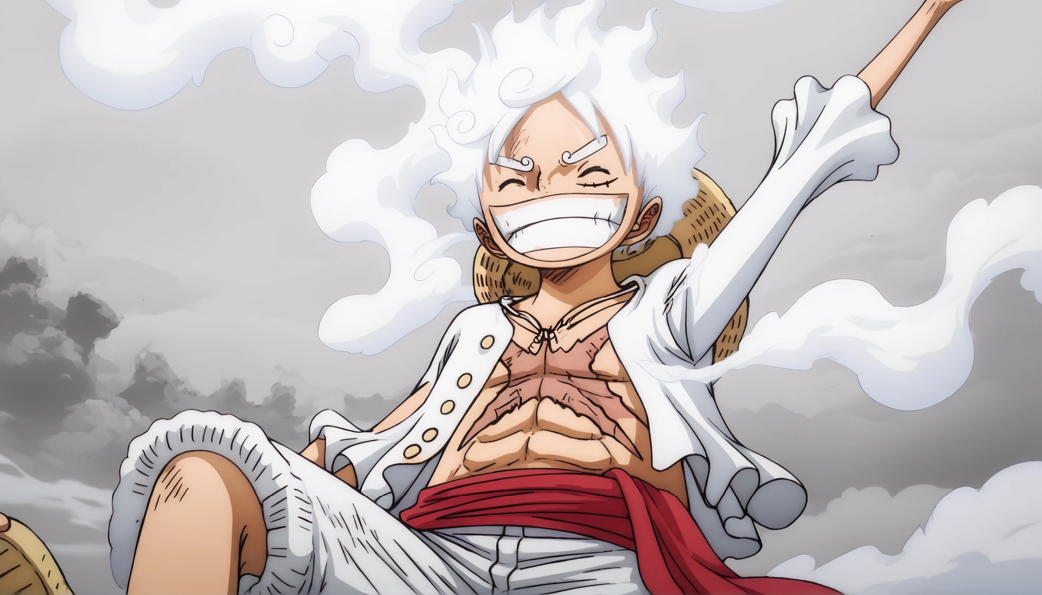 Luffy, NIKA, half body, from front, laughing out loud, white hair, (white eywbrows), eyes closed, X-mark burnt scar on chest, head tilted up, (1arm on stomach - other arm on forehead), long-sleeve white shirt, white pants, sandals, smoke vfx, smoke-like hagoromo around his arms, floating, legs wide apart, smoky sky background, masterpiece, best quality,