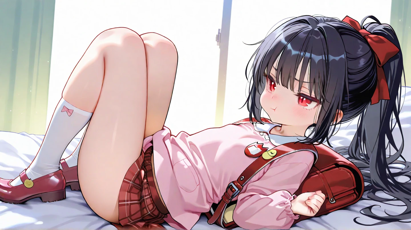 (nsfw:1) short stature best_quality hair streaked pink summer room wear black hair full body small tits litture thigh high cute child body shape masterpiece plain clothes anime 1girl medium hair skirlt lift side_tie_panties {{{cameltoe}}} hair over one eye see-through