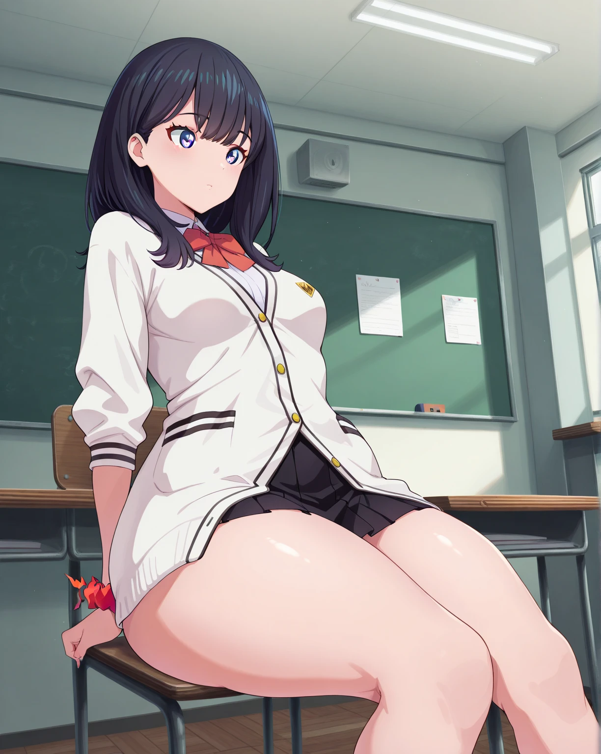 [anime styled]],[[digitalart]],1girl,solo,(portrait),Tomomi_saikyou,black hair,Short hair,bob cut,hair ribbon,midium build,1girl in,short torso,anime screen cap,cel shading,smile, blush,(strong light)、((brighten the subject)),classroom,chair,lying,uniform,short sleeves,((upskirt)),((skirt lift)),(panties)