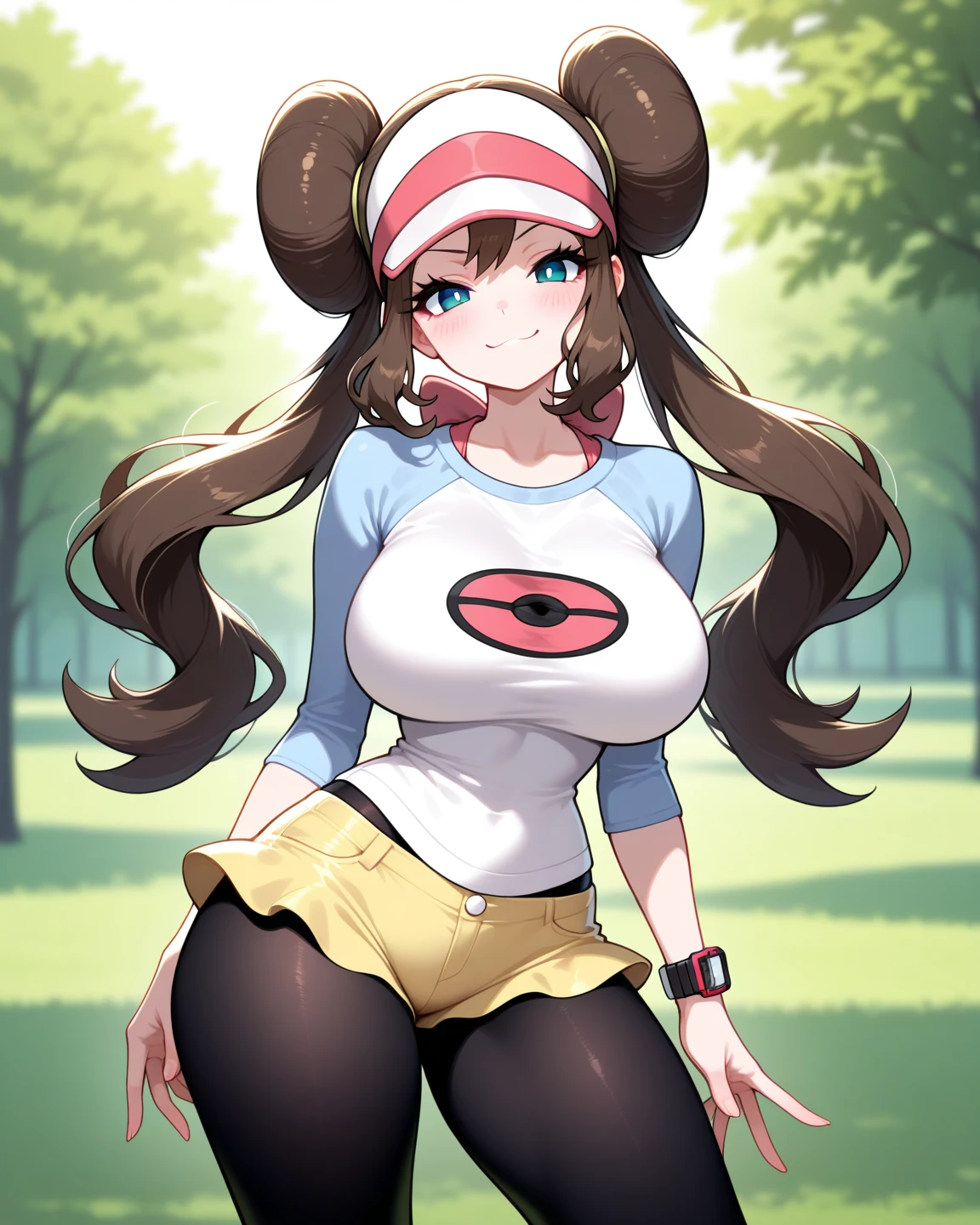 masterpiece, best quality, highres, ro1, hair bun, blue eyes, twintails, visor cap, pantyhose, raglan sleeves, yellow shorts, shirt, pink bow, wristwatch, standing, cowboy shot, field, poke ball \(basic\), smile, huge breasts