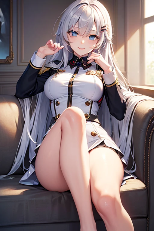 1girl, solo,masterpiece, (8k, best quality, masterpiece:1.2),highly detailed,ultra-detailed,masterclass,best quality,illustration,hair_between_eyes, braid,perfect lighting,medium breasts,Flaxen long hair(delicate eyes),(blue eyes),(detailed facial features) ,long_hair, blush,feathers hair ornament, <lora:lexington3-000004:1>,lex,military uniform, lexington \(warship girls r\),white short pants,medium body,sitting, spread legs, legs,up