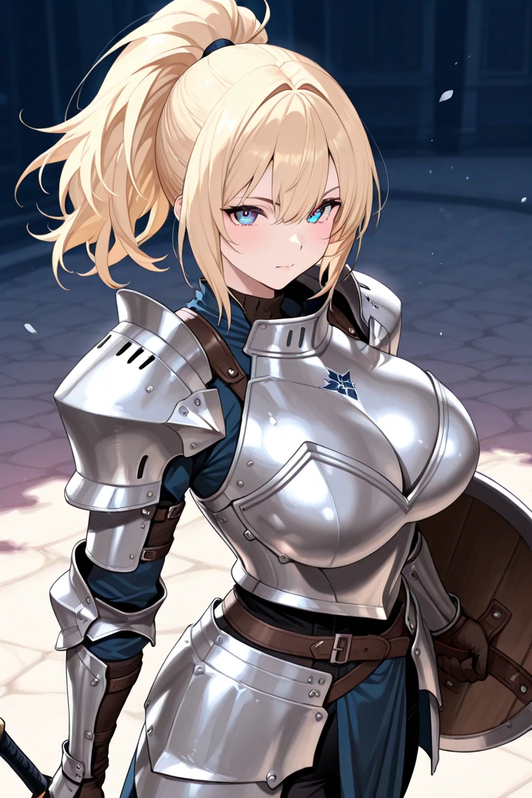 Heroic portrait、adventure、action、Fantasy、actionポーズ, Lean back, Female Knight, 1 Female, Beautiful Skin, Fine skin, vivid hair, Luminous Eyes, JK, Blonde, Bob with a Falling Front, double eyelid, Open your mouth, Crazy smile, (Breast plate、shine、戦闘action:1.4)、Detailed facial features、Strong body lines、Sharp Eye、Demonic、a muscular build、Dynamic pose、Full of energy、A dusty battlefield:1.4、Dark clouds hang over、Dark color palette, (Highest quality:1.2, Very detailed, anime, Attention to detail, Ultra-high resolution, High Contrast, masterpiece:1.2, Highest quality, Best aesthetics),