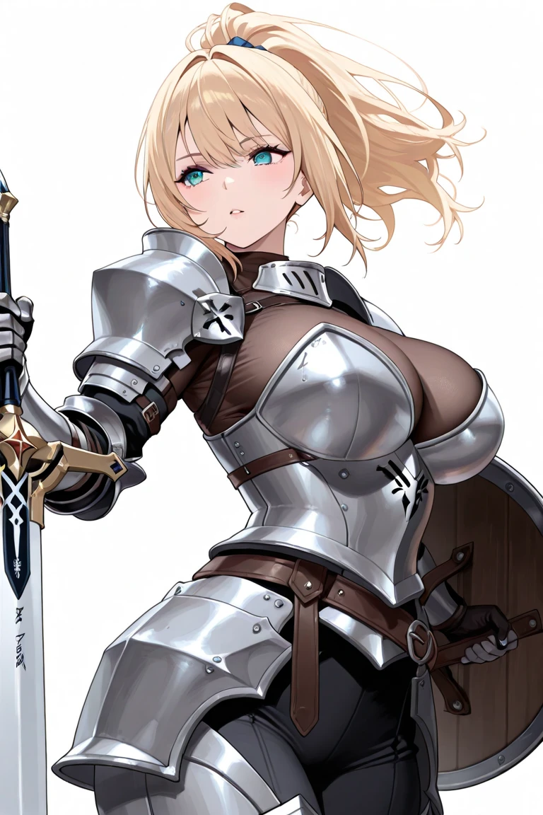 (Very detailed、Highest quality、Best image quality、masterpiece、8k)、(shoulder-length blonde hair:1.5、Medium Long Hair)、(smile、Open Mouth) 、(Hilarious)、(Big eyes)、(Beautiful and shining eyes)、(Detailed anime eyes)、(Puffy eyes)、(Big Breasts:1.8、only breasts are in full view :1.5、bare breasts:1.5 、bare nipples:1.5、 thick nipples、erection of nipple、pepperoni nipple、necklace)、((SFW Huge Body:1.8))、(knight armor、Wearing white bikini armor:1.5、High leg T-back、Arm Armor、Leg armor:1.5、armor on the waist:1.5、Waist belt:1.5、Thigh-high socks、Garter Straps:1.5、Put on a helmet:1.5)、(Cowboy Shot)