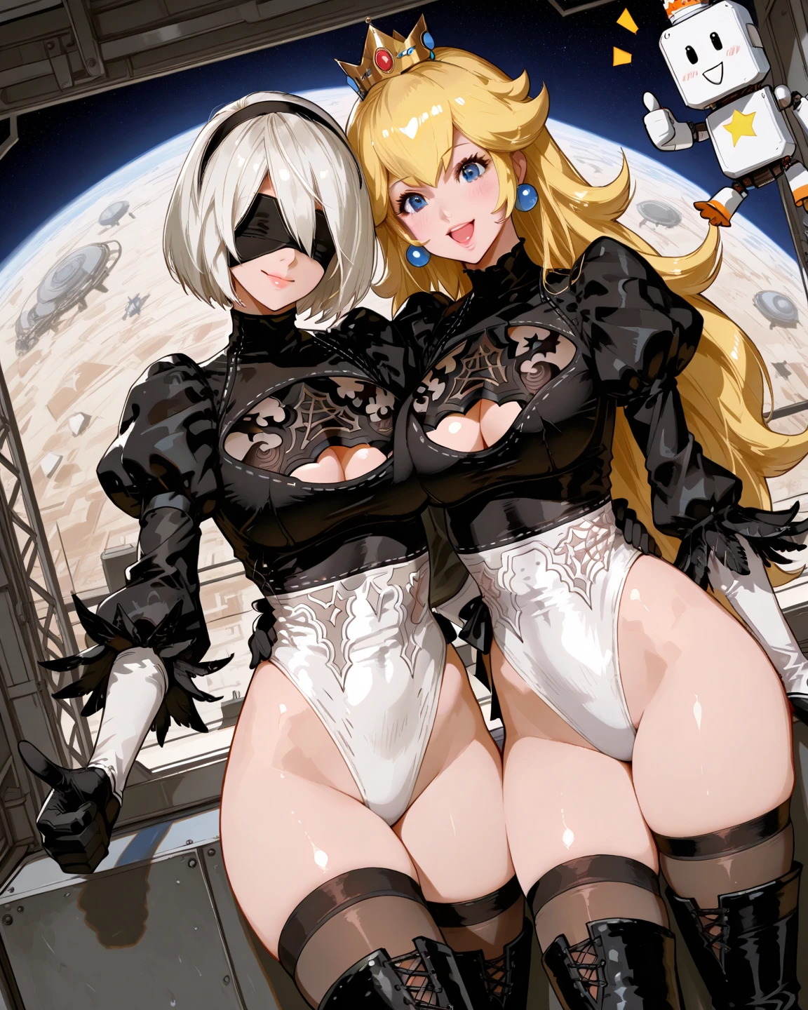 2 girls touch boobs, big breasts, Black dress underboob cleavage
