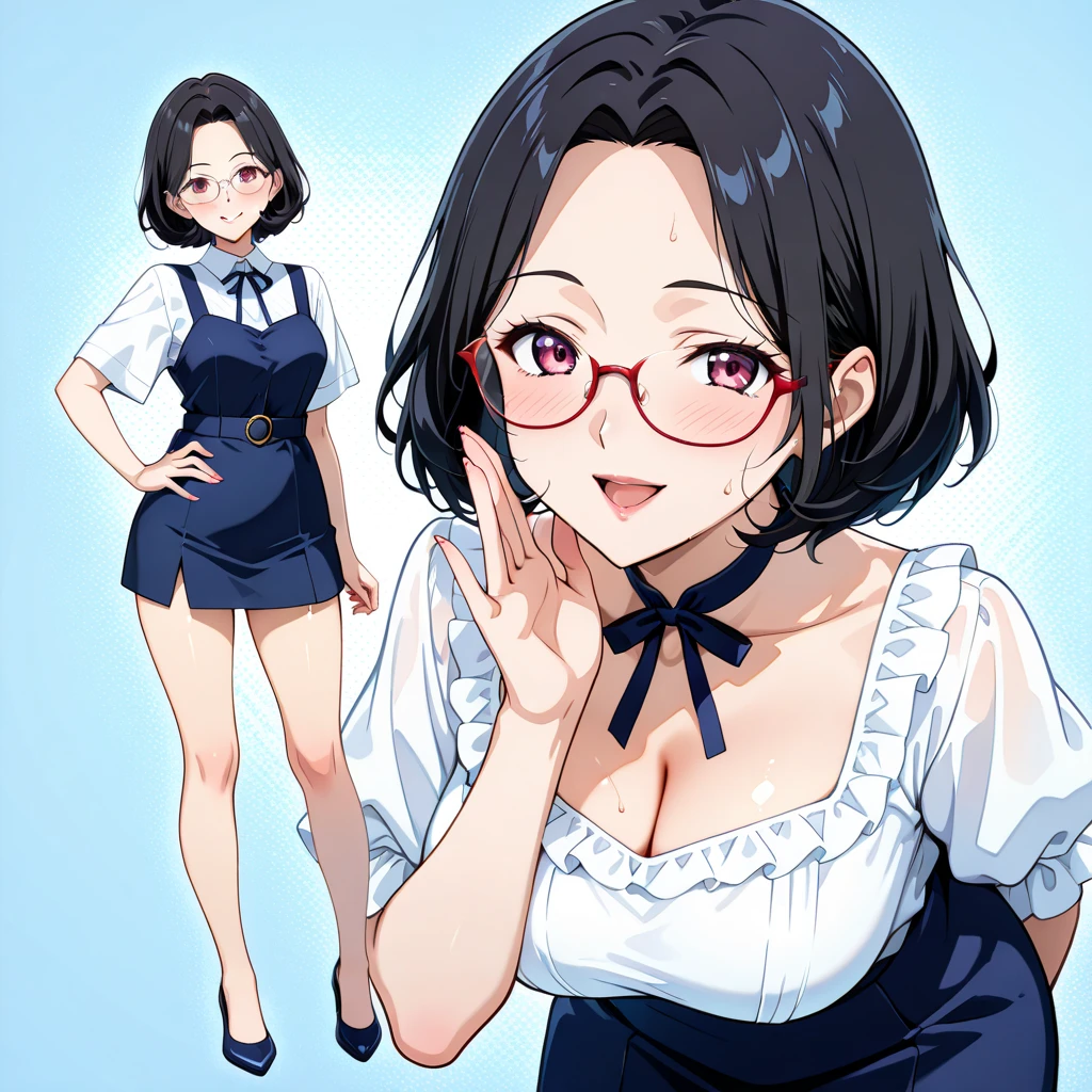 masutepiece, Best Quality:1.2),Detailed face, Detailed inner corner of the eye、eye glasses、afro、short-haired、Very short hair、Fetishes、Curly hair、Forehead、Large breasts, sexy big ace mail, Overall, swim wears、frilld、bow ribbon