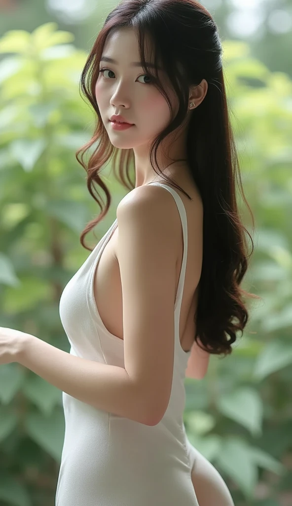 unclear、(Long white silk camisole、white panties)、Outside the field、(small tit)、Photorealsitic、detaileds, Skin texture, ultra-detailliert、Delicate and sexy collarbone、Super detailed face、detailed lips、A detailed eye、二重まぶた、21 year old girl、Slimed、A slender、Model body type