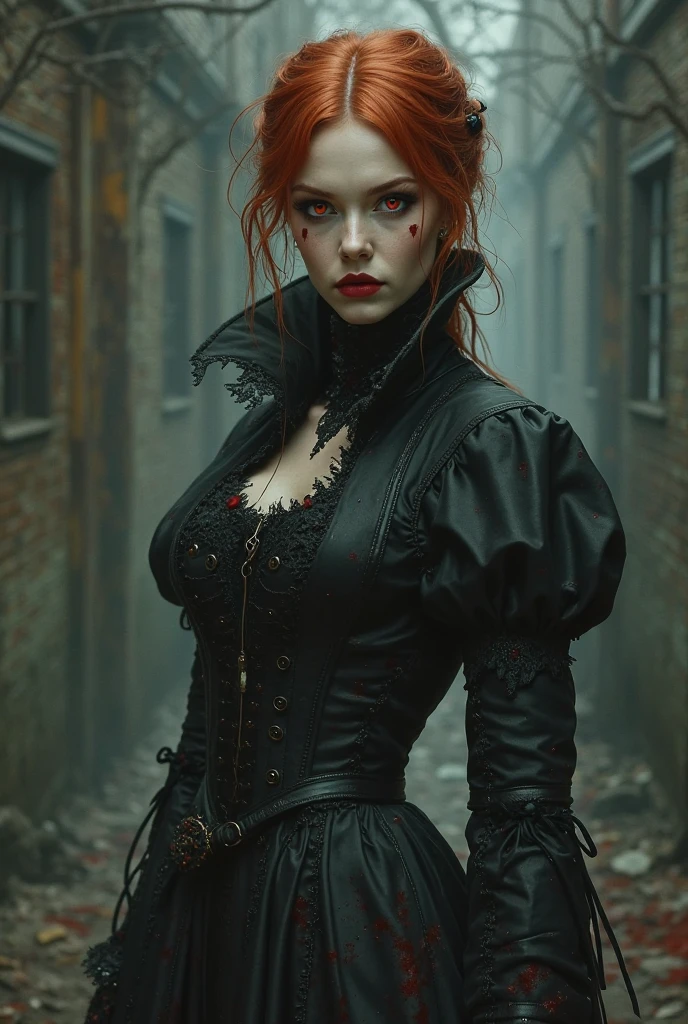 (medium full shot) of (brooding emo girl) young woman, normal build, long ginger ponytail hair, swedish, pale skin, green eyes, wearing a maroon vintage gown with dramatic patterns , chunky heels with studs, dark red lipstick, smoky eyeshadow, heavy eyeliner, carrying a skull-patterned backpack chain belt, set in an old factory, with rusted machinery, dark hallways, crumbling walls, and industrial remnants, at night, woman smiling, detailed face, ,Masterpiece,best quality, photo, realistic, very aesthetic
