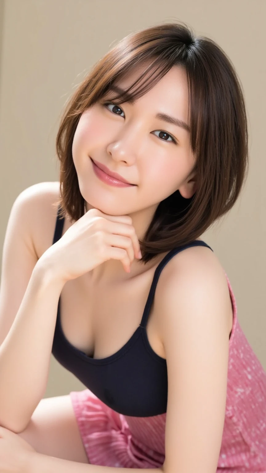 masutepiece, Best Quality, Illustration, Ultra-detailed, finely detail, hight resolution, 8K Wallpaper, Perfect dynamic composition, Beautiful detailed eyes, Women's Fashion Summer,Medium Hair, B-cup breast,(thin-waist),Natural Color Lip, Bold sexy poses,Smile,Harajuku、35-year-old girl、Cute、Sexy shot looking at camera, Brass Strap Display