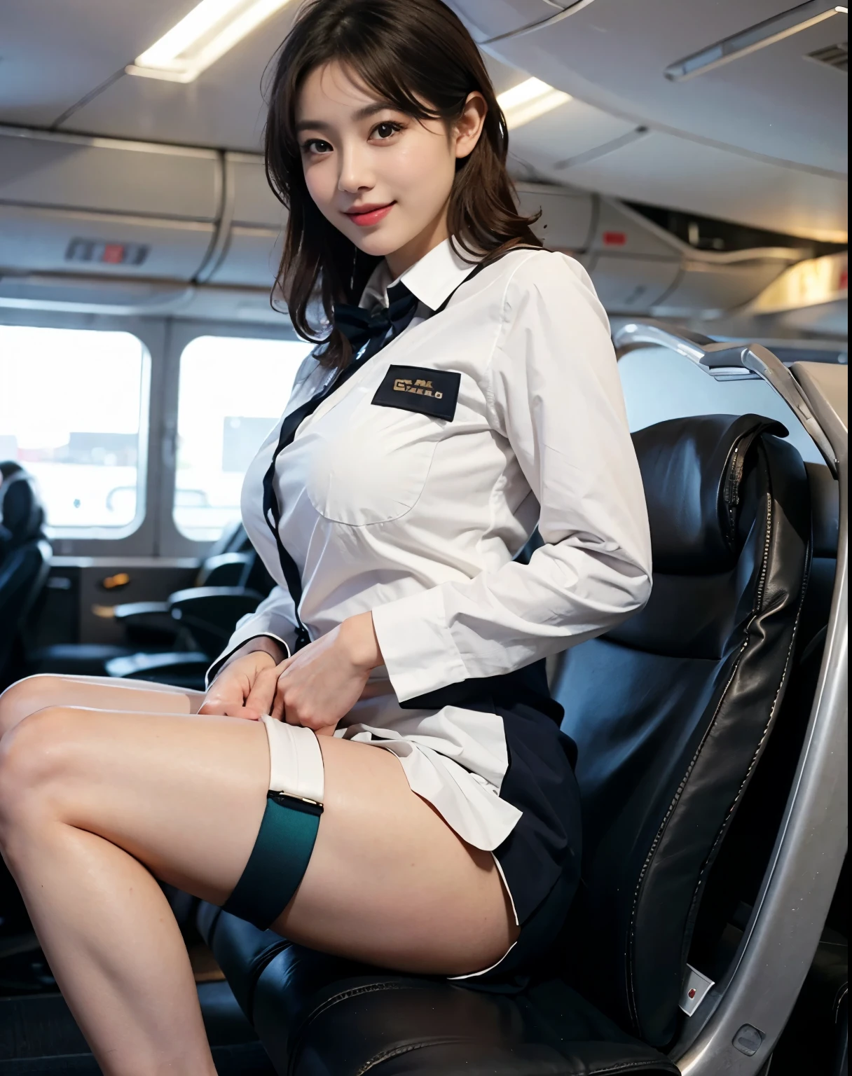 ​highest quality、table top、8k、best image quality、Award-winning work)、one beautiful woman、radiant beautiful skin , masterpiece、top-quality、The ultra -The high-definition、depth of fields、lens flare 1 girl、、brown hair、watching at  viewers glares, large breasts , stewardess uniform, (crimson stewardess blazer:1.2), black  short skirt, (black ysl high heels), perfect legs, sitting , crossed legs, view from below, smiling , flight cabin, pantyhose 