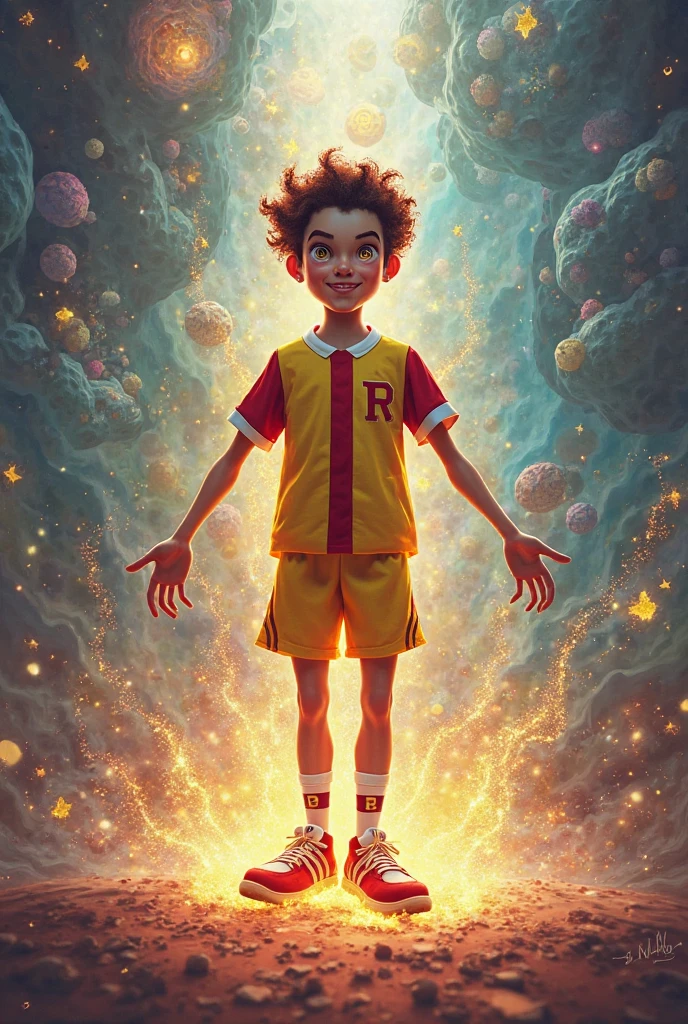 Garoto da imagem da foto, no universo cheio de asteroide , fontes luminosas ao redor, arte digital com a imagem