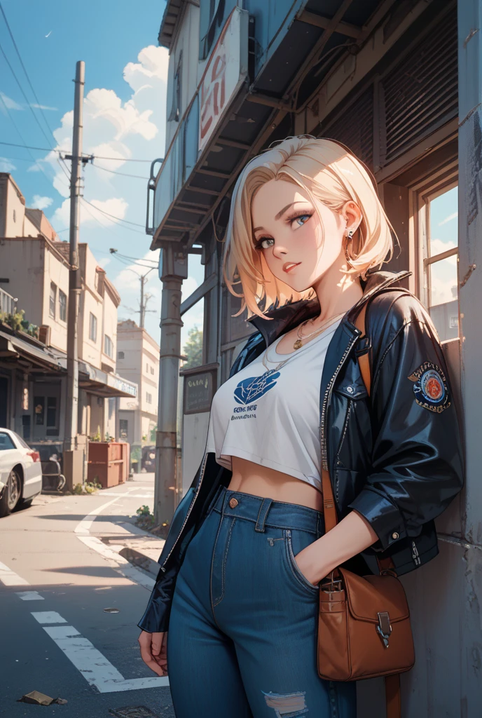 android18, earrings, denim, belt, 1girl, tight clothes, solo half body potrait, slim body, horny, short, city background, fron the top picture