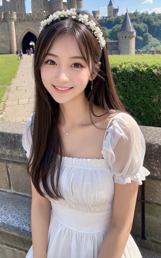 masterpiece、超High resolution、She is so cute and young, like a 15-year-old cute idol.々A beautiful 18-year-old Japanese girl、Gentle and cute、A kind smile　She is wearing a Japanese maid outfit、Large Bust　Maid outfit that clearly shows cleavage　Cosplay　whole body、RAW Photos、Genuine、High resolution、Life、No copyright notice