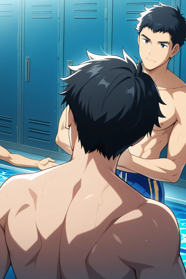 Eine hyperrealistische, old boy with white skin, Athletic Tone Body Spiky Hair,Serious male thoughtful observer wearing dark blue school underwear, Mokkori,having sex with his 24 year brother in the pool,both with underwear,hard sex,body together,dick inside,horny expression,adult content,shota references,hard expressive sex