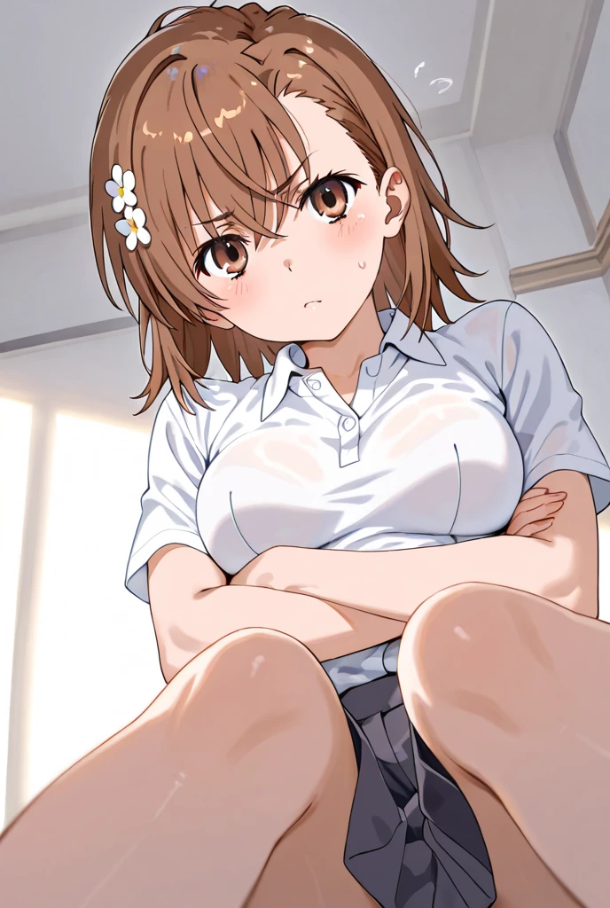 miyoshi kaya, light brown hair, high ponytail, large breasts, orange eyes, parted bangs, forehead,
1girl,solo,looking at viewer, ,on bed,angry,((lying on back)),open legs,spread legs,collar shirts,ribbon,white shirts,miniskirt,socks,,pov
