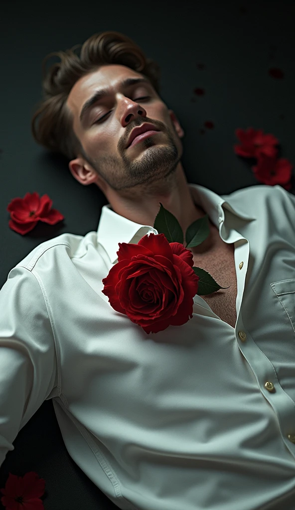 A young man curled up in a red heart-shaped stone