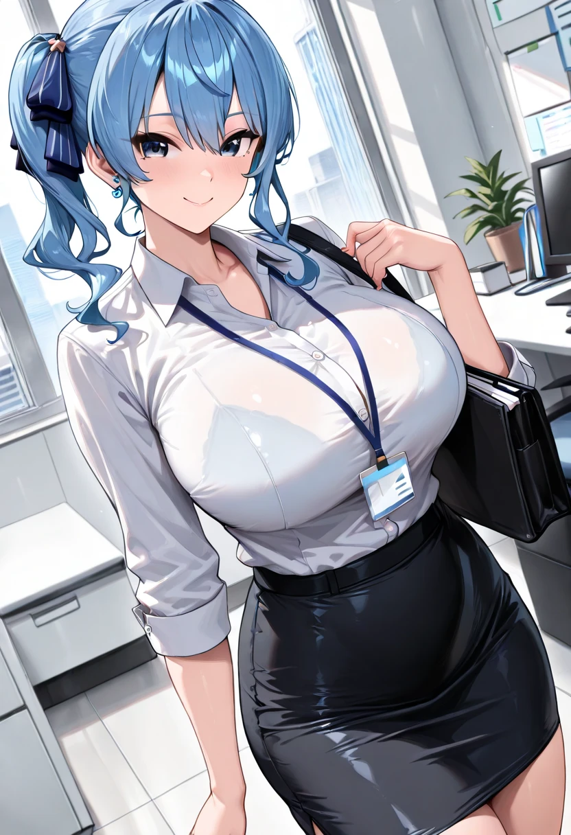 Masterpiece, beautiful art, professional artist, 8k, art style by sciamano240, very detailed face, very detailed hair, very detailed clothes, 1girl, perfectly drawn body, beautiful face, long hair, light blue hair , very detailed blue vertical cat eyes, square glasses, pouty lips , rosey cheeks, intricate details in eyes, extreme close up of face, see only head and neck, staring directly at viewer, wearing cute office clothes, blouse,necklace, choker, earrings, name tag, tie, pencil skirt, jewellery, black tigh boots, some freckles, big wide grin, in love with the viewer expression, morning office setting, pov sitting on desk in front of viewer,