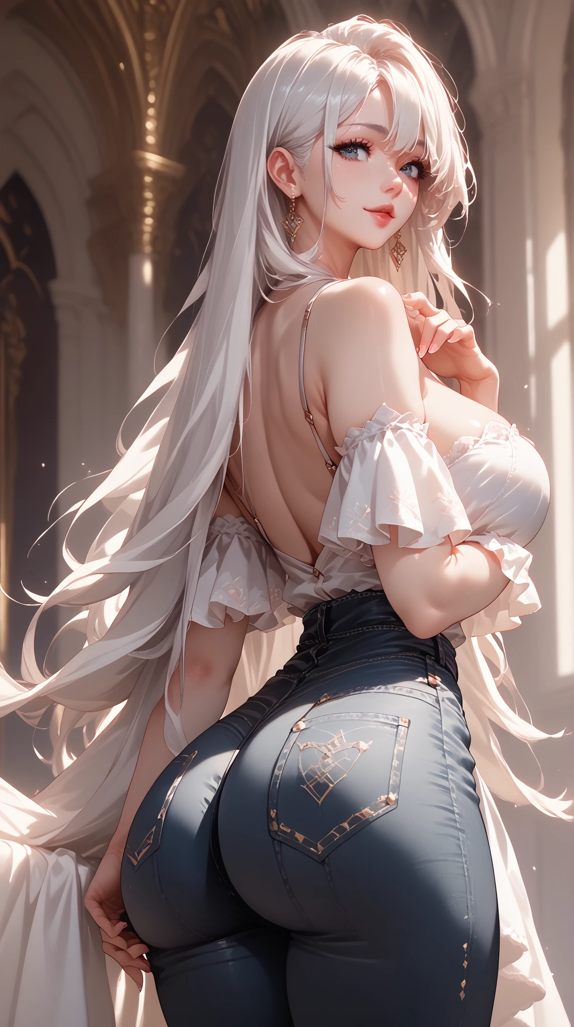 Hyper realistic of {Mirajane Strauss, (long white hair), (grabbing her ass)}, perfect symmetrical body, thin waist, thick thighs, big round ass, facing away from the camera opening her ass, symmetrical face, ideal human , 85 mm lens, f8, photography, ultra details, Natural light, light background, photo, studio lighting