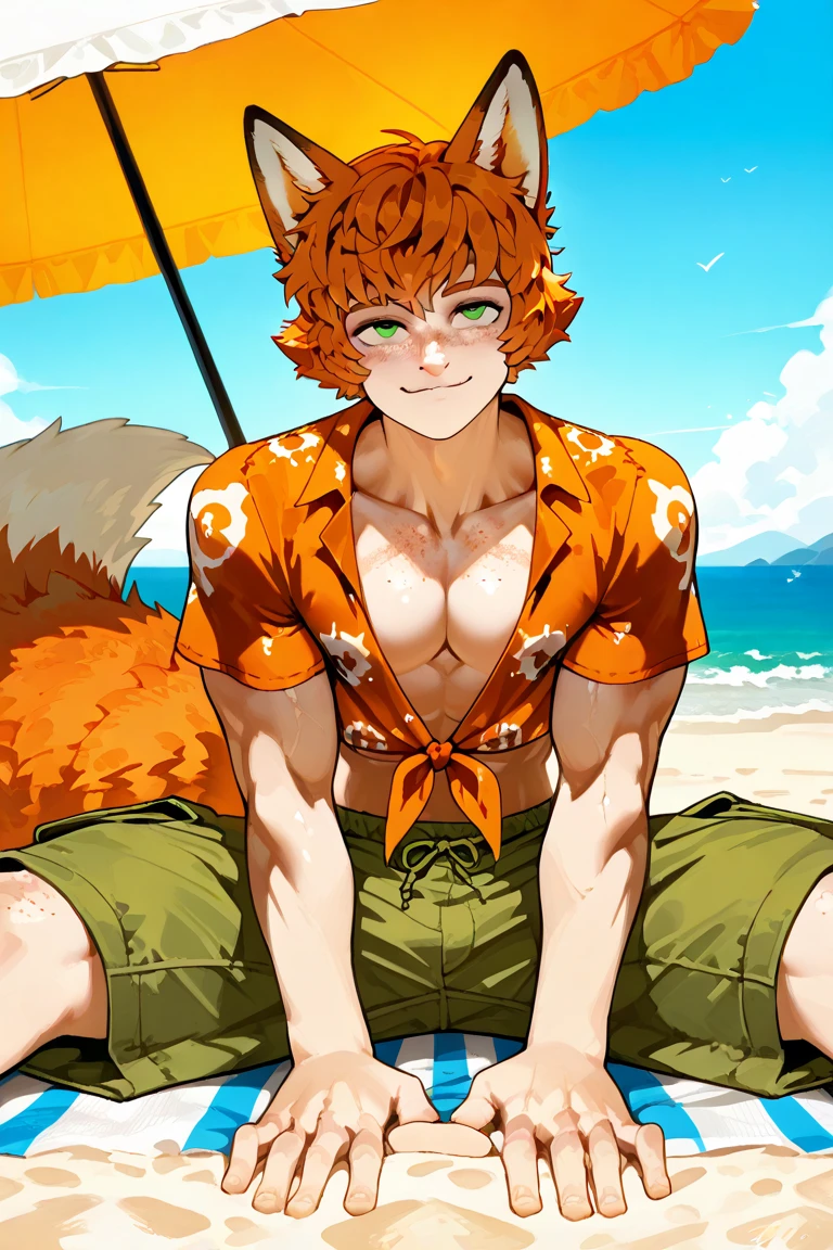 masterpiece, solo, 1boy, Furry, kemono, furry fox, anthropomorphic, male, green eyes, (orange skin, orenge fur), , sexy body, sci-fi clothes, strip club, uploaded on e621, Armpit, handsome, short haired. On the beach, wearing a hoodie without sleeveless and, wearing a short