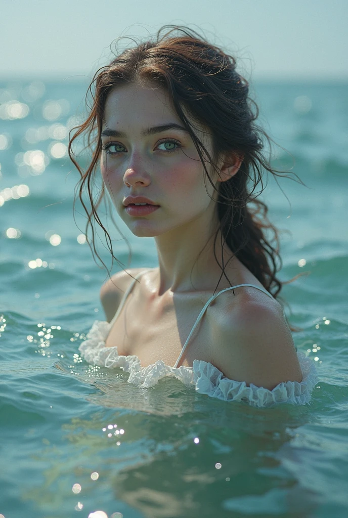 realistic photo of a brunette woman with light eyes coming out of the sea water with a wet and transparent white blouse seen from the front from the thighs up