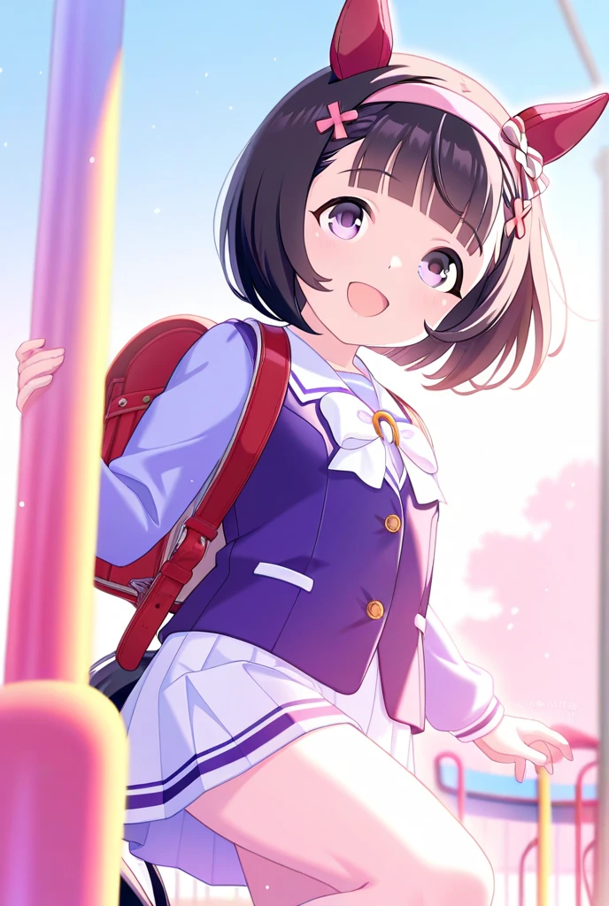 ((best quality)), ((masterpiece)), (detailed), the perfect face of a Japanese anime girl, short black or bodhaircut, dark brown eyes, a Sakura flower hairclip on her hair, dark blue sailor uniform, skirt over the knee, white panties with a pink bow in the middle. pear body type, big butt, cup d breast