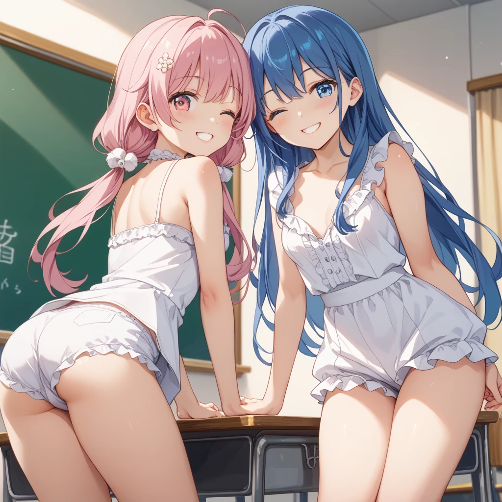 ((highest quality))、((masterpiece))、(Perfect Face)、(Multiple women changing clothes)、(nakedを覗かれる)、(Sisters)、Shy、naked、Pink nipples、半naked、Sexy underwear、Small breasts、Detailed Body、Detail face、2Benzu、2Book Hand、No extra limbs、locker room、Viewer's perspective