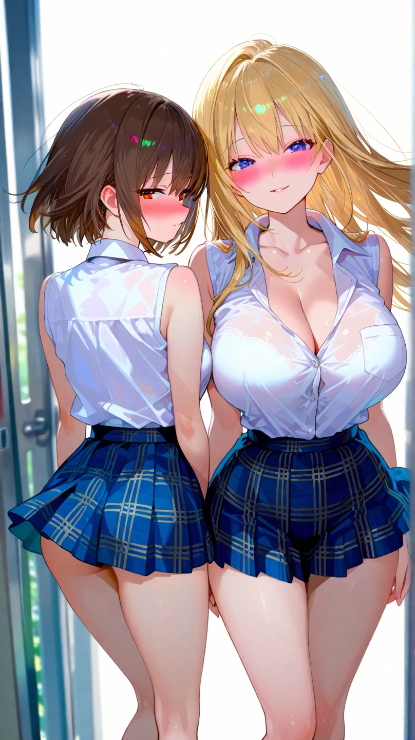 Anime Moe Art Style,Highest quality,High resolution,Anatomically correct,Multiple Girls,Mid-s,Mr.々Hair style,Super detailed,Big Breasts,Shiny skin,Beautiful Skin,A rich expression,A big smile,high school girl,Gal-style girl,Nipples are visible,classroom,blazer,mini skirt,Show off your chest,Naked upper body,Put your hands behind your head,Sexy pose,Eyes drawn in detail,8K