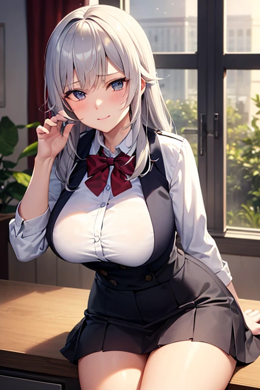 Random view, American shot, Real, realistic woman style, (Blue eyed Hungarian), 18 years old girl, ((gray blazer, ribbon, navy blue folded miniskirt, mid-thigh socks)), university classroom, beautiful detail in the eyes, (eye size: 3/4) light on the face, (((intricate details))), especially strong light, (upper eyes, shy smile), shiny skin, (((silver-white hair color) )), (medium thighs), ulzzang-6500-v1.1: 0.2, bashful, (Flash: 1.2), NSFW, ((seductive pose: 1.3, attractiveness: 1.3)), (sitting on desk), ((complexion slim and perfect body)), bright and refreshing classroom, Cute and symmetrical face, Natural side lighting, RAW photos, superior quality, masterpieces, High Definition RAW color photos professional close-up photos, (realistic, photorealism: 1.2), ( highest qualityr), (high contrast light shadows), (best illustrations), (erotic, sexy, ultra-high-resolution, HD Unified CG Wallpapers, Physical representation, movie lighting), Canon EOS R50 camera with 50mm lens