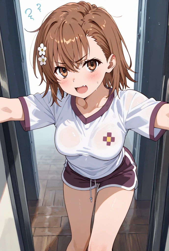 (((pixel perfect, detail perfect))), alone, 1 girl, Misaka Mikoto, tokiwadai , bow, looking at the viewer,, whole body、(Breast Exposure、Nipple exposure、Tuck up your cloth、medium breasts))、smile、ミニスカー、白いパンティー