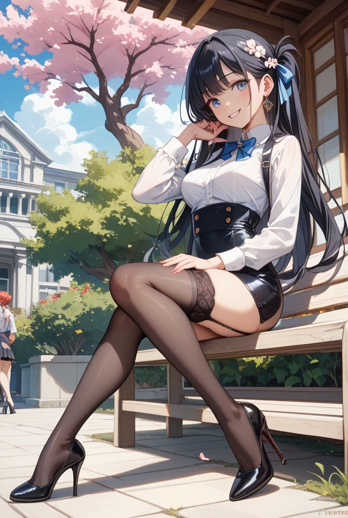 ((Photorealsitic:1.37)),((((low angles)))),((Beautuful Women))、Slimed、tiny waist、((Pencil_Dress))、((((Woman in black and white checkered suit)))) ,((Black 10cm high heels and red shiny heels,)),(((White blouses))), beauty legs, ((Wide prairie background)), tussock,one girls, (Sitting on a stump), ((Crying face)),Lady, 8K, Best Quality,eye line,lipgloss, small tits,22year old ,girl with, Sunrise,Sunnyday,glowing earrings, Beautiful brown eyes, finely detail, Beautiful detailed girl, strong breeze, Hair flutters, Slender face, 鎖骨, beutiful breast,length hair, Beautiful face, ((Half-up hairstyle)), Upstyle,Black Gradient Hair, Shiny hair,