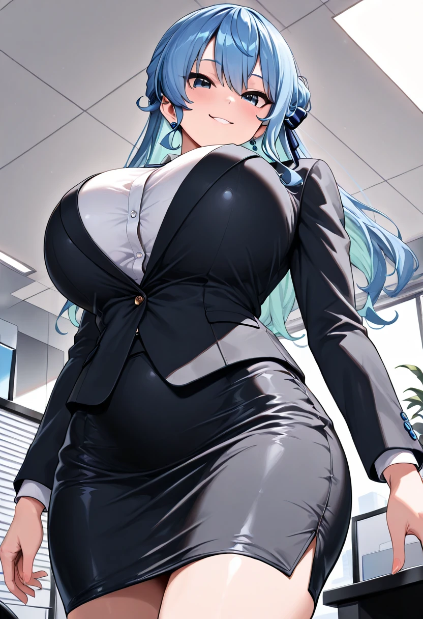 (best quality:1.1),(masterpiece:1.4),(absurdres:1.0), 1girl, blue hair, long hair, black eyes, unusual pupils, black latex bodysuit, nonvisible cleavage, necktie, full body view, big breasts, huge ass, facility, pure white skin, :< face, bright eyes, (chibi:1.3), holding clipboard and pen