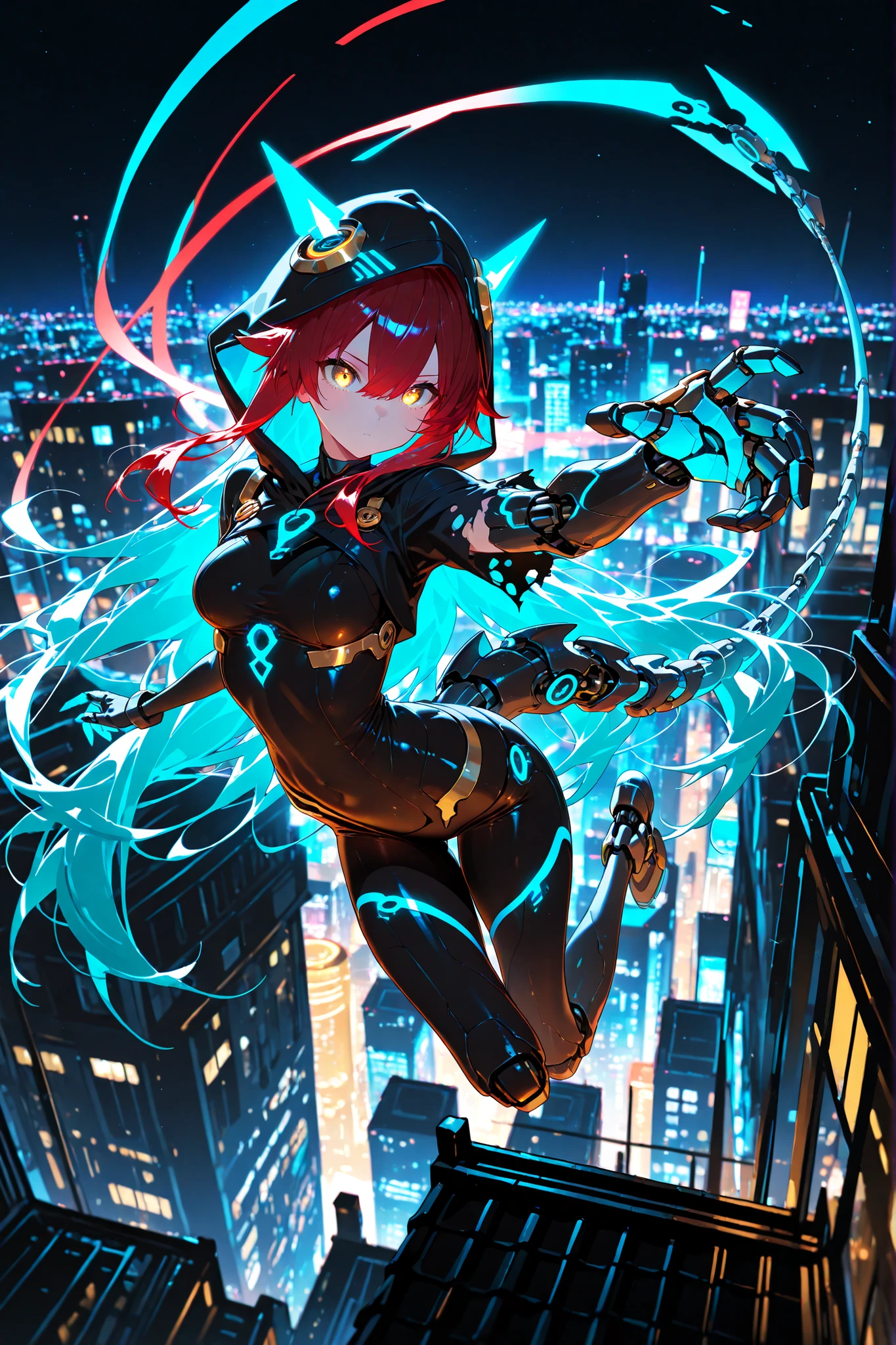 (EyesHD:1.2), masterpiece, 1 girl , golden eyes , very long hair , long sidelocks, red hair , petite , very cute , beautiful ,Straight hair, cool, handsome, hair between eyes, sexy, female, medium breasts, lovely, (cute face, kawaii, very cute), solo, mechanical tail, turquoise hair, glowing circuits, mechanical arm, mismatched arms, one mechanical claw, hand, hoodie, hood up, torn sleeve, leaping, midair, crouch, night, city, rooftop, jumping between rooftops, wide shot, best quality, ultra-detailed, very aesthetic, sharp focus, depth of field, vibrant colors, ray tracing, best lighting, detailed illustration, detailed background, cinematic, beautiful face, beautiful eyes, ,Hiori Light Art, Backlight