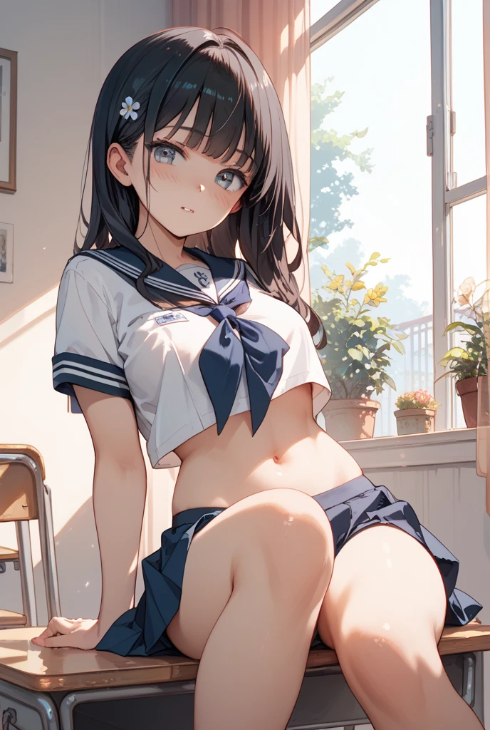 NSFW, Obra-prima, Melhor qualidade, ultra high def, Max Resolution, Muito detalhado, profesional lighting, pele limpa, esbelta, Muito bonito, Rosto jovem, Seios ligeiramente menores, 1girl, Axilas, Blush, Arco, Embarrassing breasts, Choro, Teary, foco feminino, De baixo, Glutes, Arco de cabelo, Enfeites de cabelo, Levante-se, Cabelo comprido, Clock viewer, Uniforme escolar, camisa nua, Umbigo, Cabelo laranja, Olhos roxos, camisa branca,  solo, sitting on ground, pernas abertas, pernas levantadas, gotas de suor, abaixar, areolae, camisa para cima, sala de aula da escola noturna, sem calcinha, (nua:1.4), pernas abertas, insinuante, sem calcinha, virilha rosada, cum