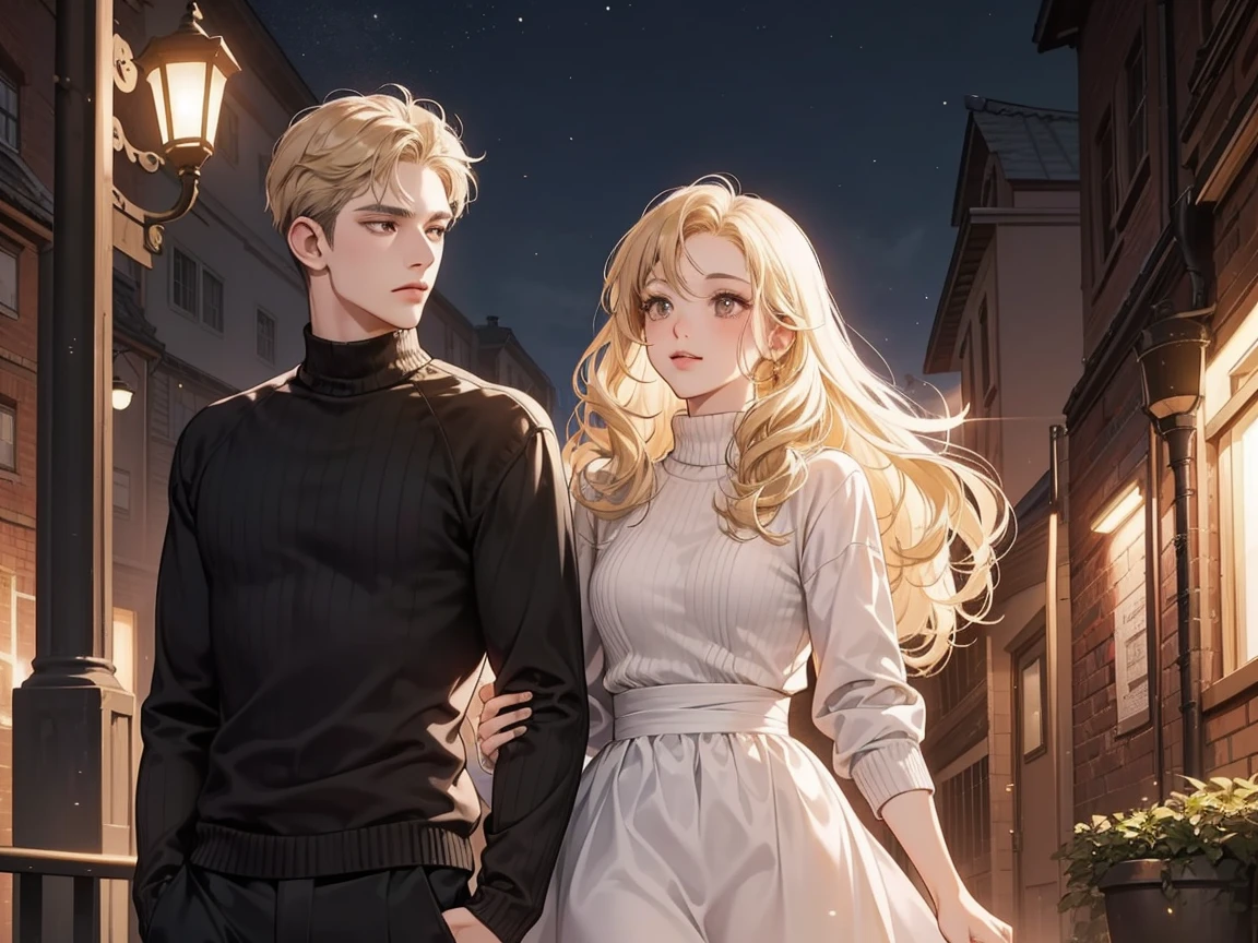 casal, 1 girl 1 boy , different hair color, (Girl with long curly brown hair without bangs, brown eyes sweater, pele escura, wearing a gold evening dress)(Boy with short light blond hair and gray eyes, combed back) romance, ballroom, Night atmosphere 