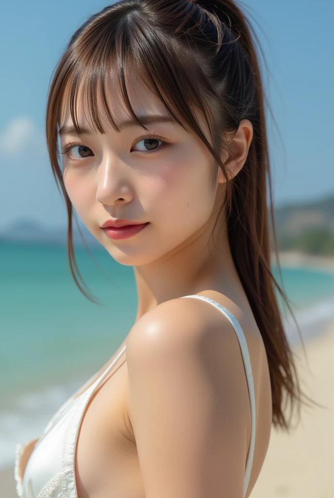 (8k, RAW photo, best quality, masterpiece), (realistic, photo realistic), UHD, extremely detailed CG unity 8k wallpaper, sharp focus, (real_skin, oily skin), perfect anatomy, slender, (cinematic lighting),
BREAK
1girl, face focus, sublime face, extremely detailed face, shaded, looking at viewer, close-up, juicy lips, colorful eyes, pale skin, detailed hair, white leotard, closed mouth, cameltoe, hand on hair, hair flower, floating hair, sea, blue sky, cloudy sky, waves,