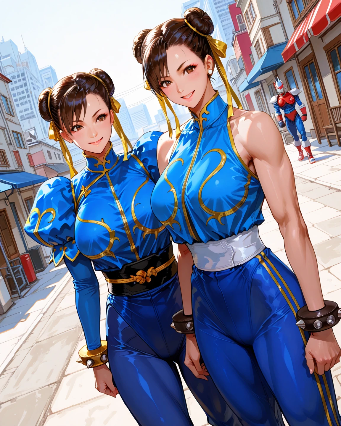 Chunli, muscular body, big breasts, thicc tights, 4 arms, full body.