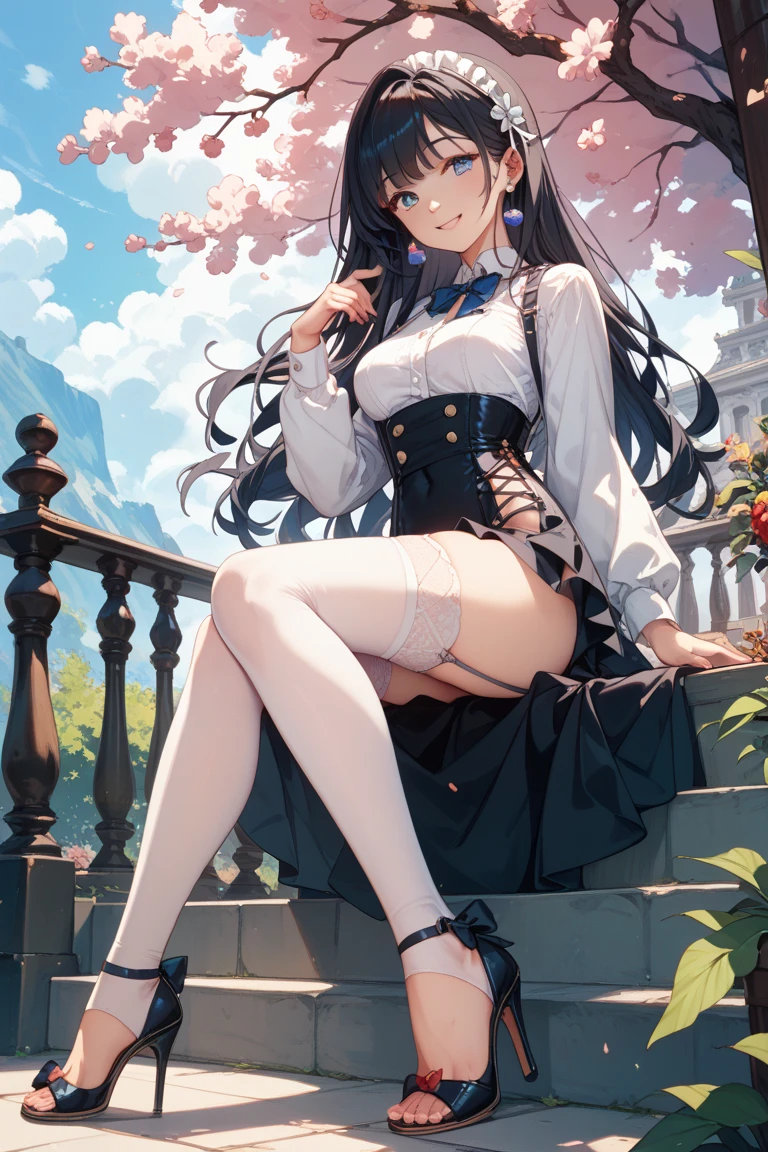 Masterpiece, top quality, best quality, official art, beautiful and aesthetic, anime, 1girl,extremely detailed, colorful, more detailed ((ultra-detailed)), (highly detailed CG illustration),(small breast:1.2),hyuuga hinata,emo-hinata, long dress, stockings, stocking suspenders, sitting on bench, in the park, trees, night, stars,moon, starfalls, cross legs,in middle of frame,frome below.