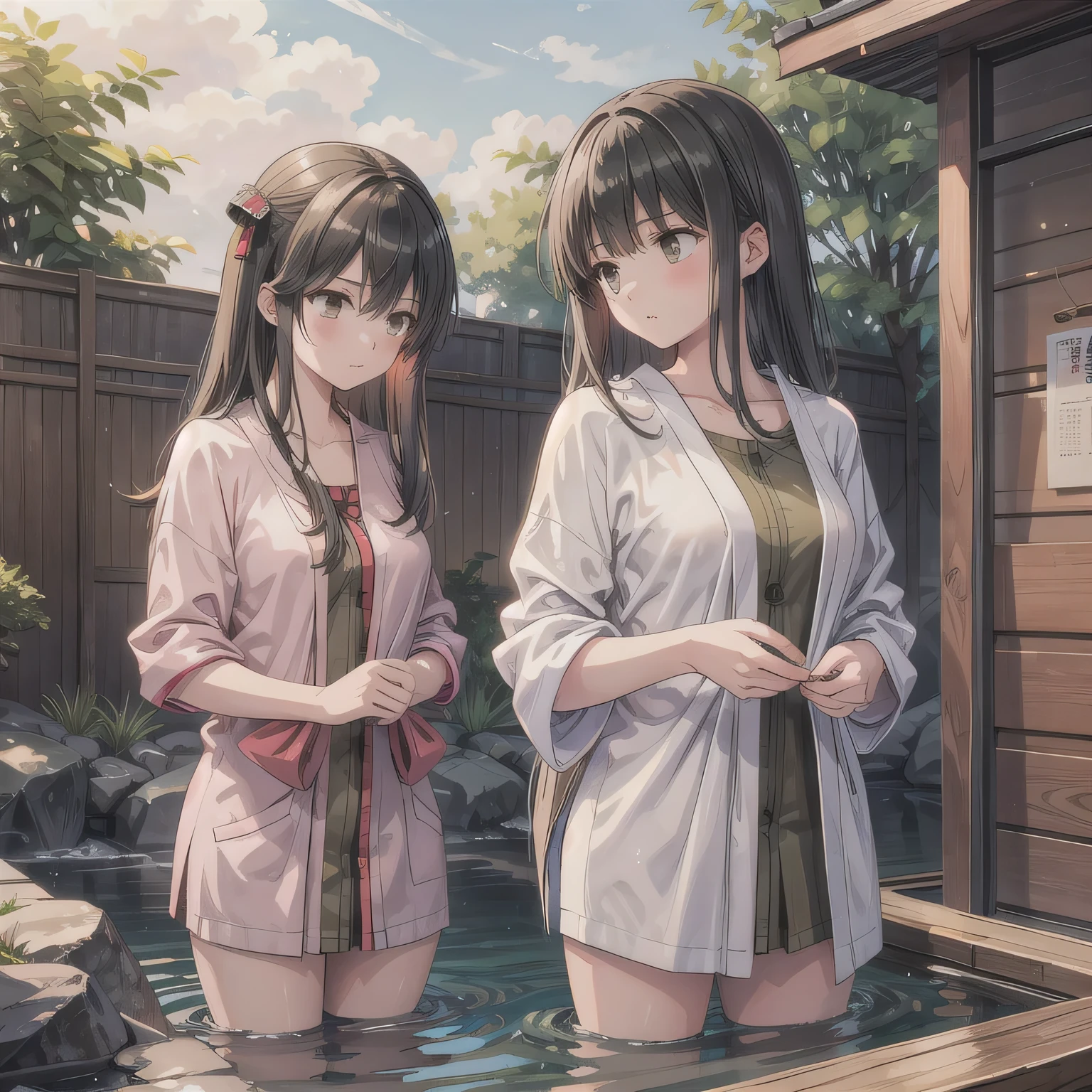 A group of women set in a medieval fantasy world、Dragon Quest、 (At the hot spring:1.5), Mr.々Hair style, Harem, night, Detailed aspect, Seduce, ((Transparent towel:1.5))、Huge Breasts、Big Ass、wide waist width、The nipples are erect、