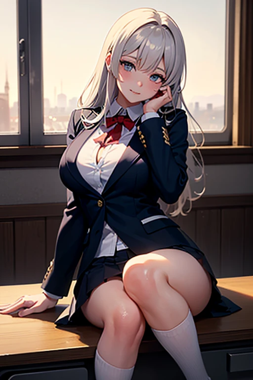 (((Spread your legs、Lace panties、Shooting from below))、(((Accentuate the crotch)))、Highest quality, 8k, masterpiece :1.3)), whole body, Sharp focus :One Girl,Glowing Skin,SSexy pose,Highest quality,Tabletop,shape,Very delicate and beautiful,Hmph,8k壁紙,wonderful,In detail,Official Art,Very detailedなティッカーUnity 8k壁紙,Incredibly ridiculous,Large file size,Very detailedな,High resolution,Very detailed,Beautiful detailed,Realistic,X-ray,The queue is full,(((Uniform Blazer、mini skirt)))、(((Big Breasts、Silver Hair)))、(((School、classroom)))、Stand upright、Cleavage , ((Long silver hair))、Uniform Blazer、Sexy pose、Hairstyle: Twin tails、both hands、Wearing black knee-high socks