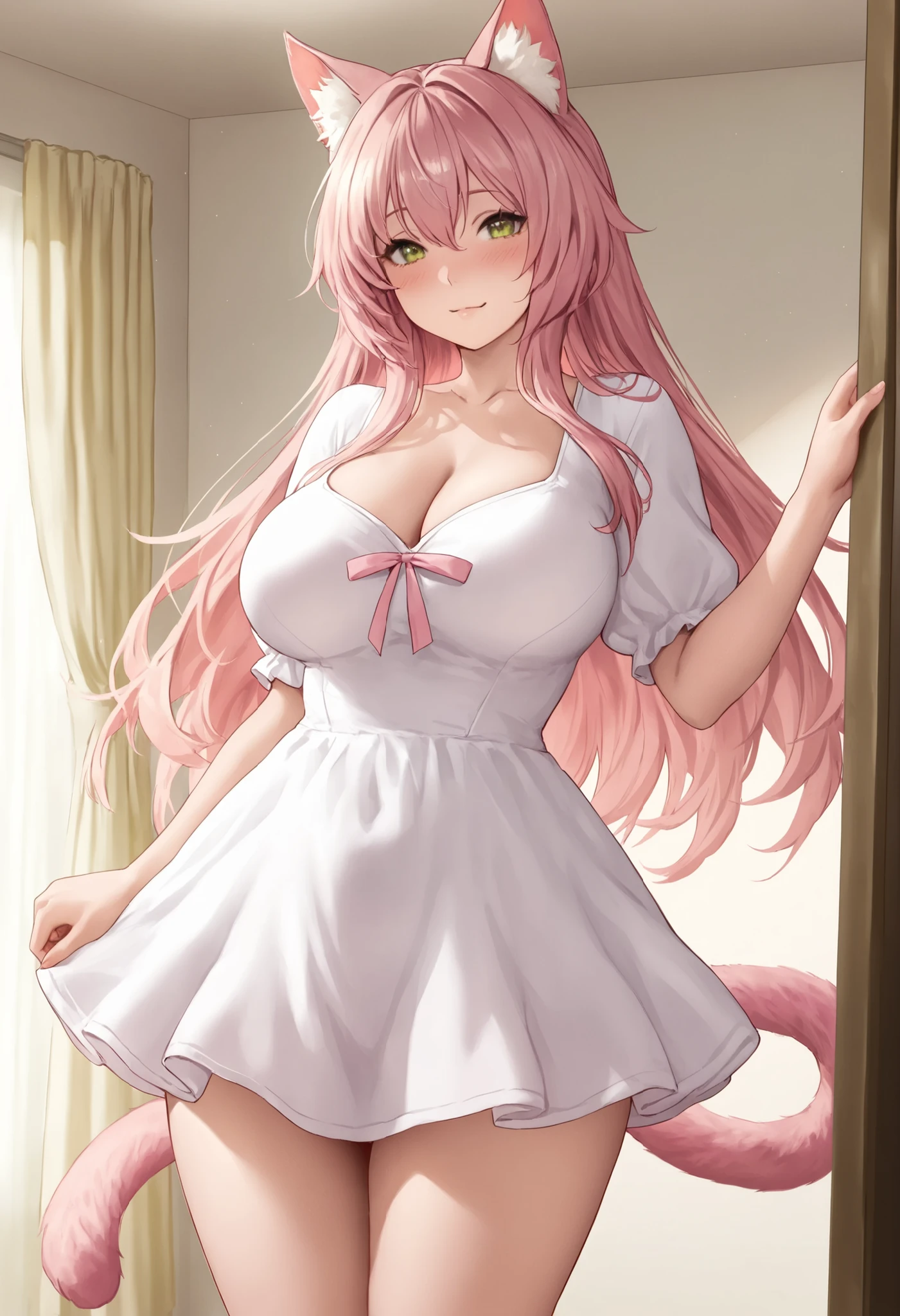 1girl, beautiful catgirl, light pink hair, detailed cat ears, fluffy pink cat tail, wearing a cute dress, standing pose, indoors, detailed background,masterpiece, best quality, ultra detailed,futa