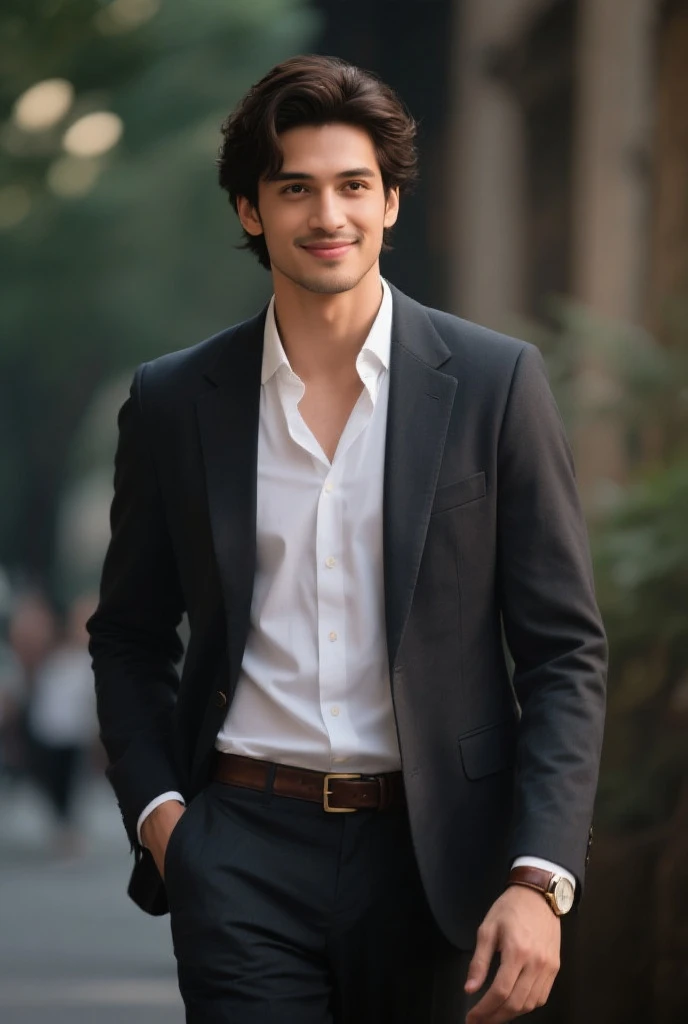 A man, young man, indian face, black hair, black eyes, happy face, man in black suit and black pants, semi anime, half real life