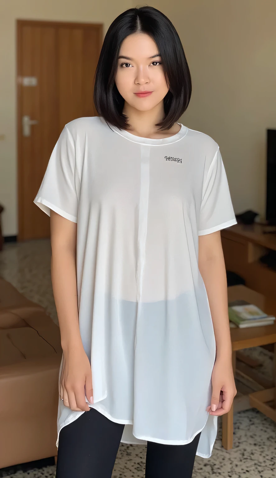 (1 female), short bob, 18 years old, Japanese, brown eyes, brown hair, slim, (flat chest),
wearing a white T-shirt over her swimsuit and taking a shower