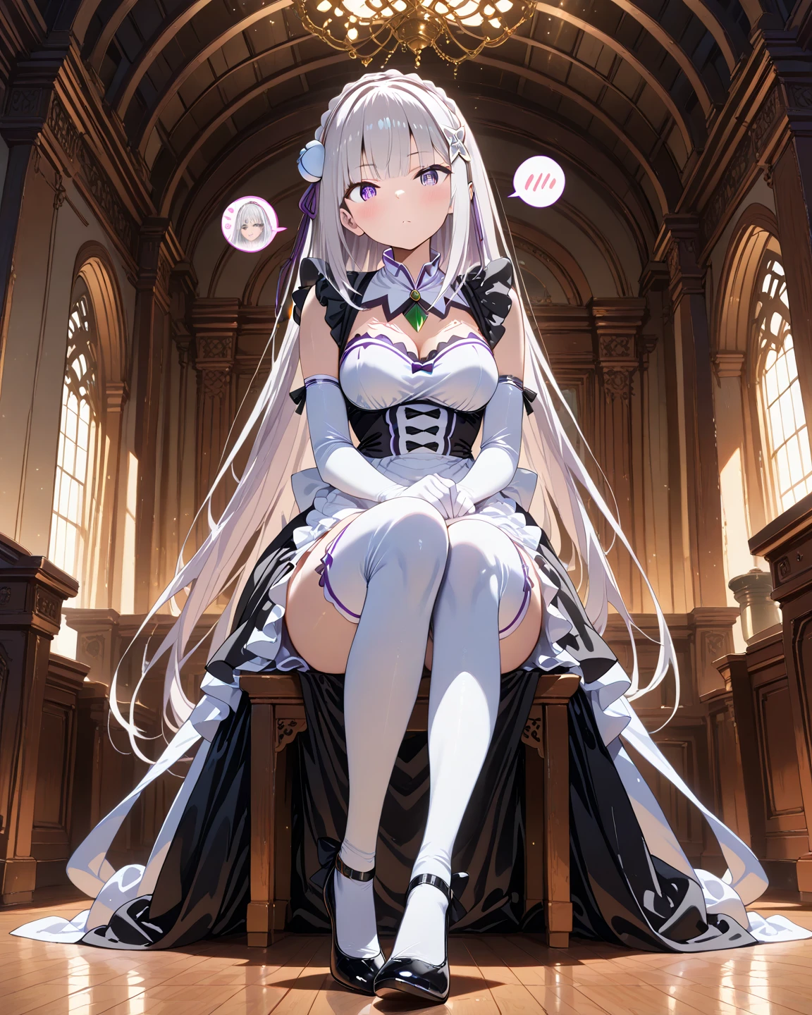 ((Biologically correct limb count))、(( From head to toe、Full-body photo including face))、4K、((Standing position))、masterpiece、((Focus on the face))、((Symmetrical facial features))、Eyes with detailed description、Beautiful woman、Great style、Beautiful arms、Beautiful legs、Beautiful Hands、(Small Ass、Thin thighs）、Facial detailing、Small earrings、necklace、(beret、Black leather mermaid dress、((High heels、Patterned stockings))）、((Chapel during the day、wedding、Chapel))、Close-up photo of the upper body、Silk gloves、(((Silver Hair)))、(Thick fog)