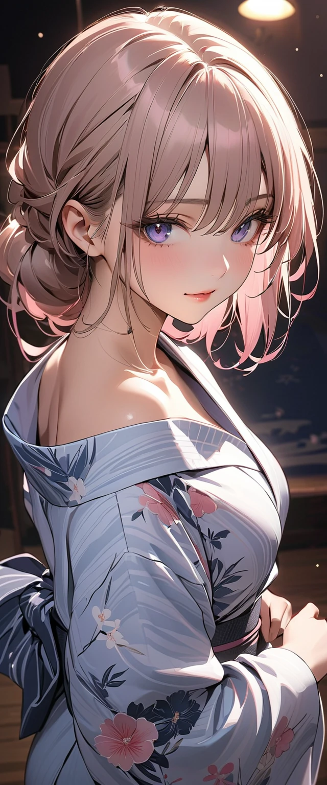 completely ,Sexy,(medium breasts,:1.3)teats、(Pink 、The areol:1.3)
break
Brown and pink hair, One Side Cut Layer Bob, (Blunt bangs:1.3), (Beautiful clear purple eyes:1.1), medium breasts,thin lips,(slender),Smile, break
masterpiece, Best Quality,(Photorealistic: 1.4),Ultra High Resolution, unity 8k, (Beautiful detailed eyes:1.6),Symmetrical, extra detailed face, Perfect Lighting, (Perfect hands, Perfect Anatomy),(flower design yukata:1.3)