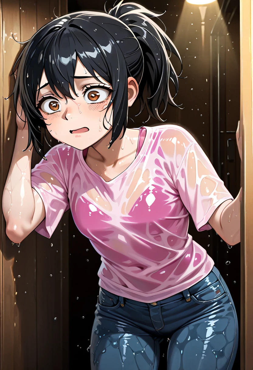 、(masterpiece、Highest quality)、Highest quality, Ultra-high resolution, (((masterpiece))), alone, Sweat、Big eyes, Composition from the front、Shortcuts、Embarrassed face、Bronze colored hair、Cut the back hair short、Bathroom、Shower scene、 Expose、Completely naked、pubic hair、belly button、Large areola、Nipples、short hair