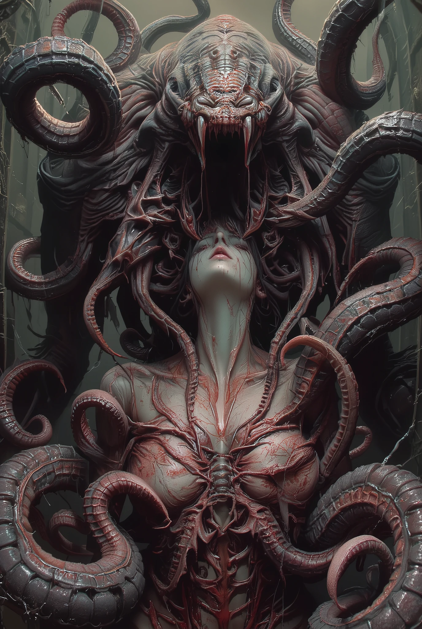 Cthulhu erotic art, a beautiful woman is pierced by tentacles, sexual excitement, happy hell, detailed horror fantasy scene, beautiful woman, tentacled creature, twisted anatomy, ominous atmosphere, dark hellscape, intricate details, grotesque yet sensual, dramatic lighting, sinister color palette, 8K, high resolution, realistic, vivid colors, dark fantasy,fantasy horror,dark erotic,cinematic,digital art