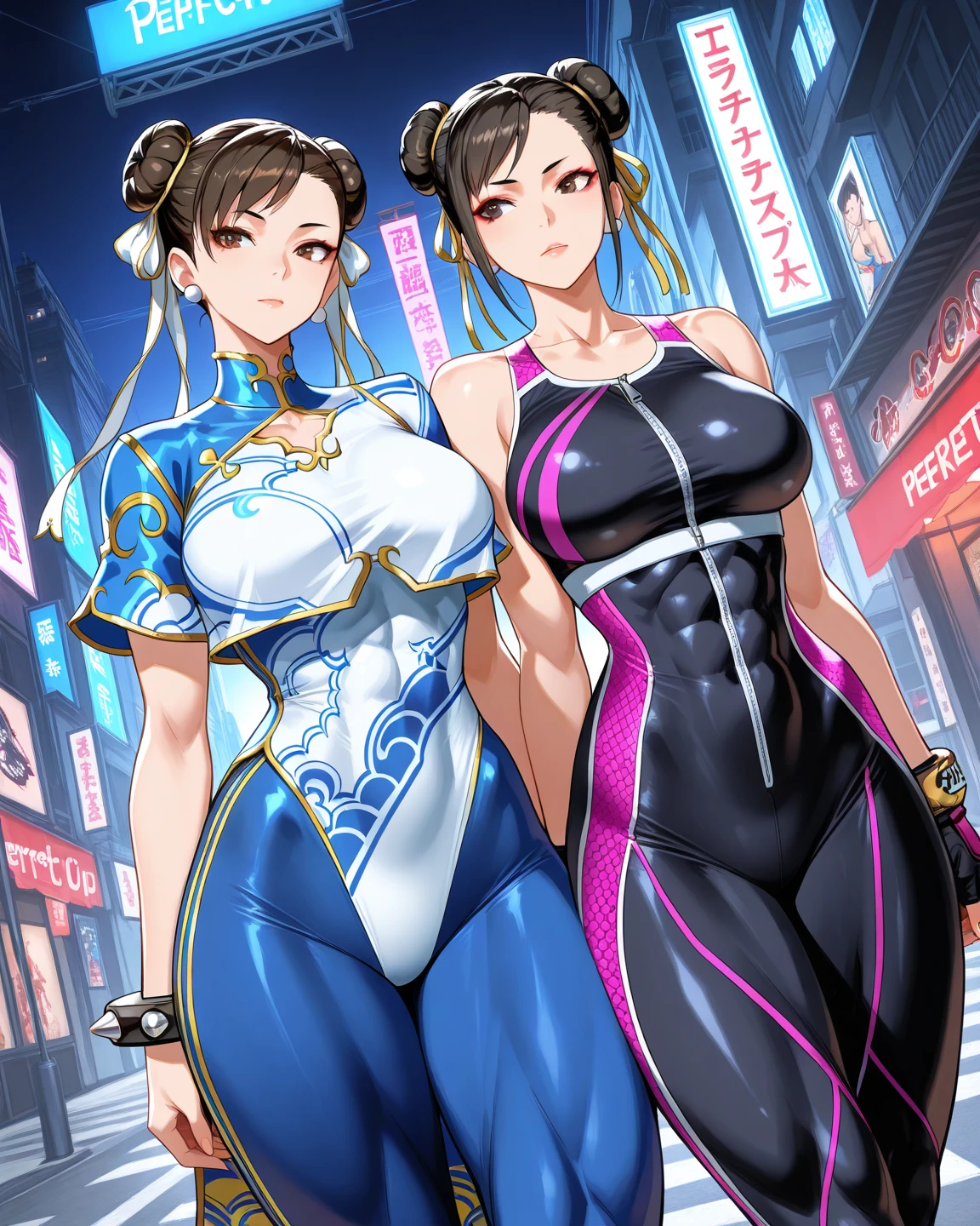 chun li,,dark eyeshadow,glare eyes,beautiful young fitness woman with , in a gym wearing May with black pantyhose, white and purple fitted gym jacket. standing alone,hair horns,bright purple eyes,Evil smile,legging preto ,lips,dark eyeshadow,glare eyes,head looking down,upward eyes,whole body,beautiful curves
