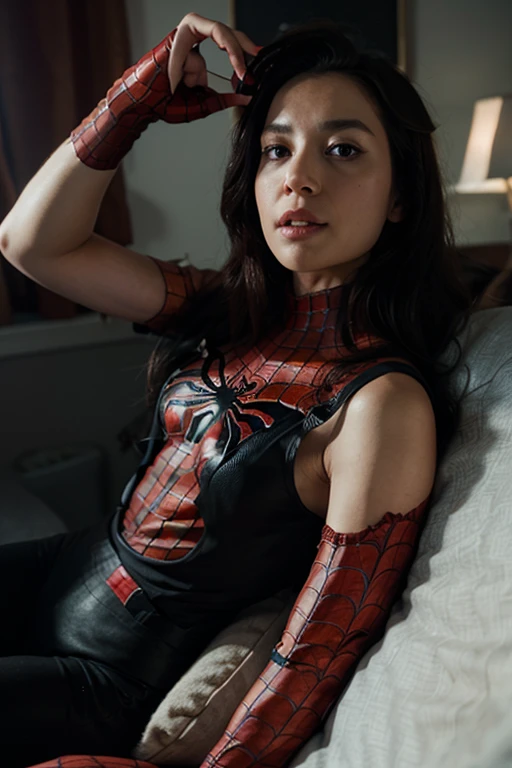 beautiful brunette girl wearing spiderman costume modeling looking sexy
