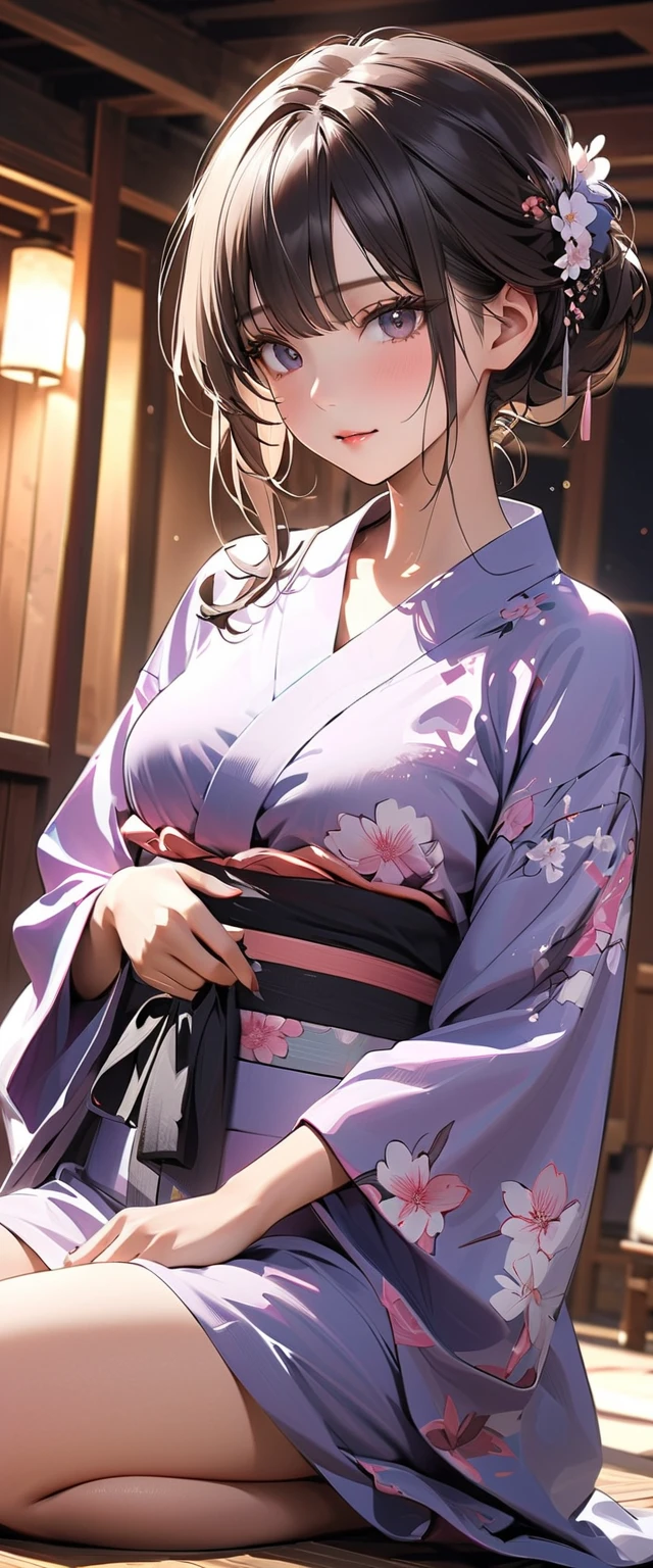 (nsfw), Big Breasts, (Explicit content) [(masterpiece: 1.1, Highest quality: 1.1), A shy high school girl wearing a traditional Japanese kimono proudly, with a delicate blush on her cheeks, emphasizes the thin, translucent fabric of her panties, revealing her ample assets. The wetness of her skin subtly adds to the allure, creating an image of sheer seduction. The kimono, adorned with intricate patterns, gently drapes over her body, allowing for a captivating view. The overall scene is a tasteful masterpiece, showcasing both the traditional beauty of Japan and the allure
