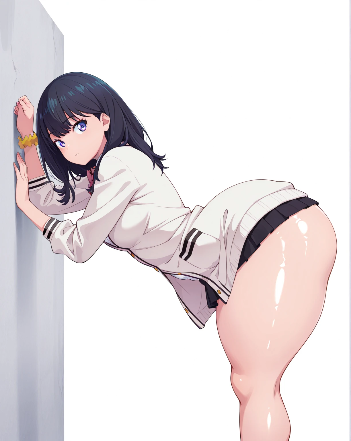 Emo girl, ideal figure, very confused, make you show your ass, spicy panties, stockings with garters, the situation excites her and makes her very embarrassed, holds panties with hand, so that they dont take it off, юбка, фон класс, 1 девушка, в эмо стиле