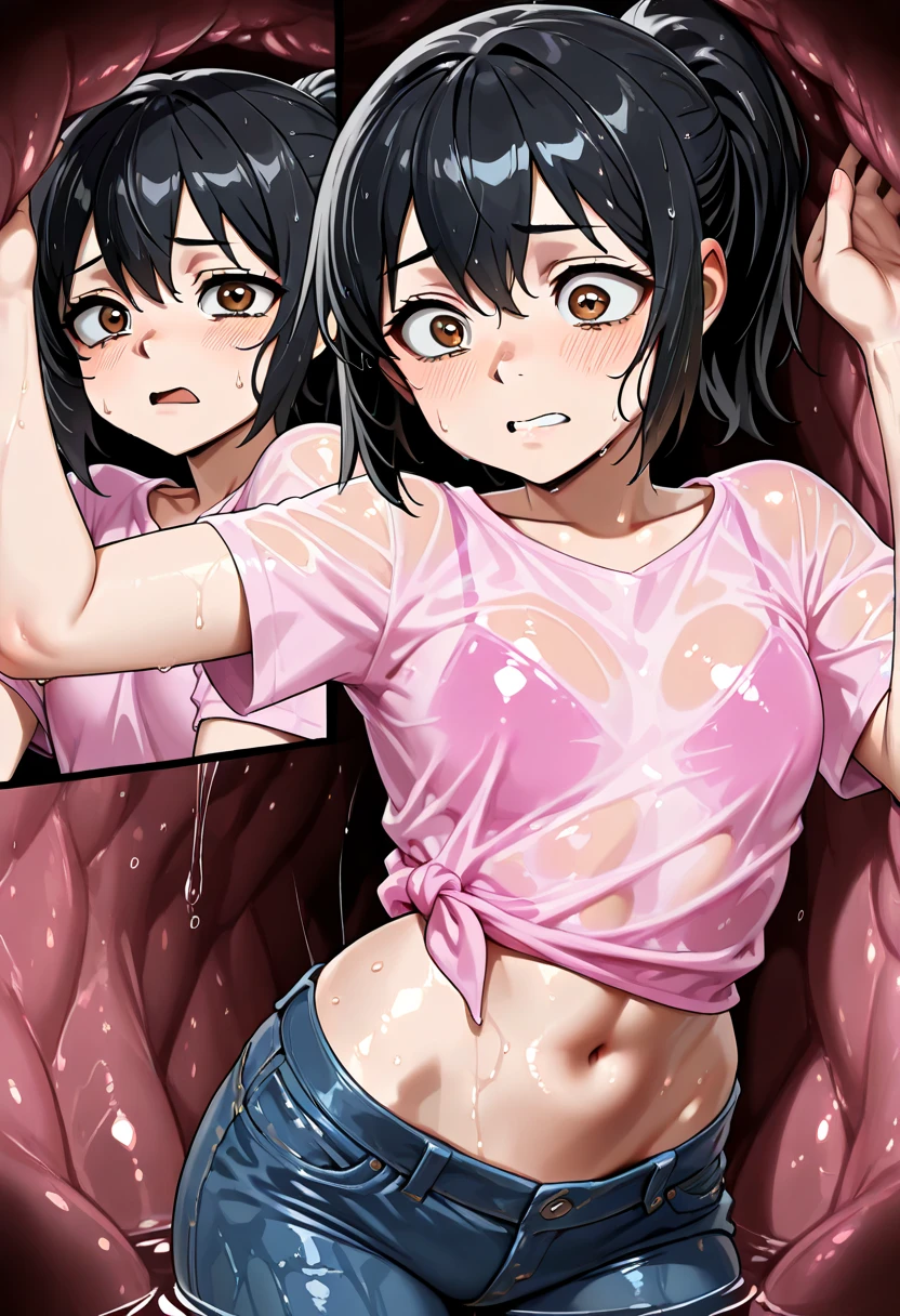 score_9_up, score_8_up, score_7_up, source_manga, milf, yellow eyes ,black hair, ponytail, big lips, pale skin, big breasts, tank top, panty,  sweat, steaming body, wet, smile,  (multiple panels, ass panel, face panel, panty panel, doujinshi, multiple views,text), indoors, solo, best quality, high quality